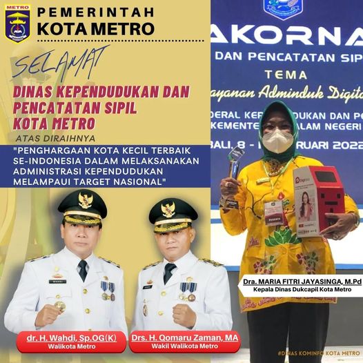 Penghargaan Kota Kecil Terbaik Se-Indonesia dalam melaksanakan Administrasi Kependudukan Melampaui Target Nasional 