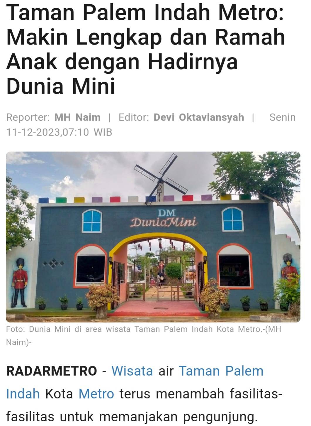 Taman Palem Indah Metro  Makin Lengkap dan Ramah Anak  dengan Hadirnya Dunia MIni