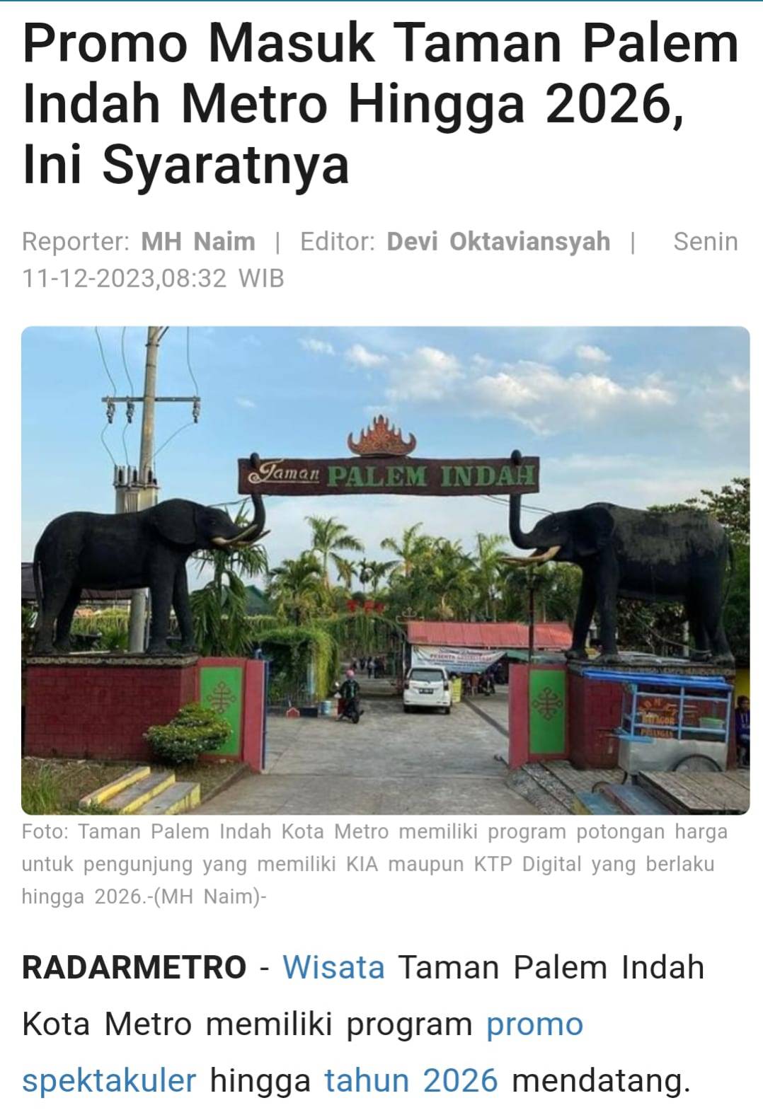 Promo Masuk Taman Palem Indah Metro Hingga 2023 Mendatang