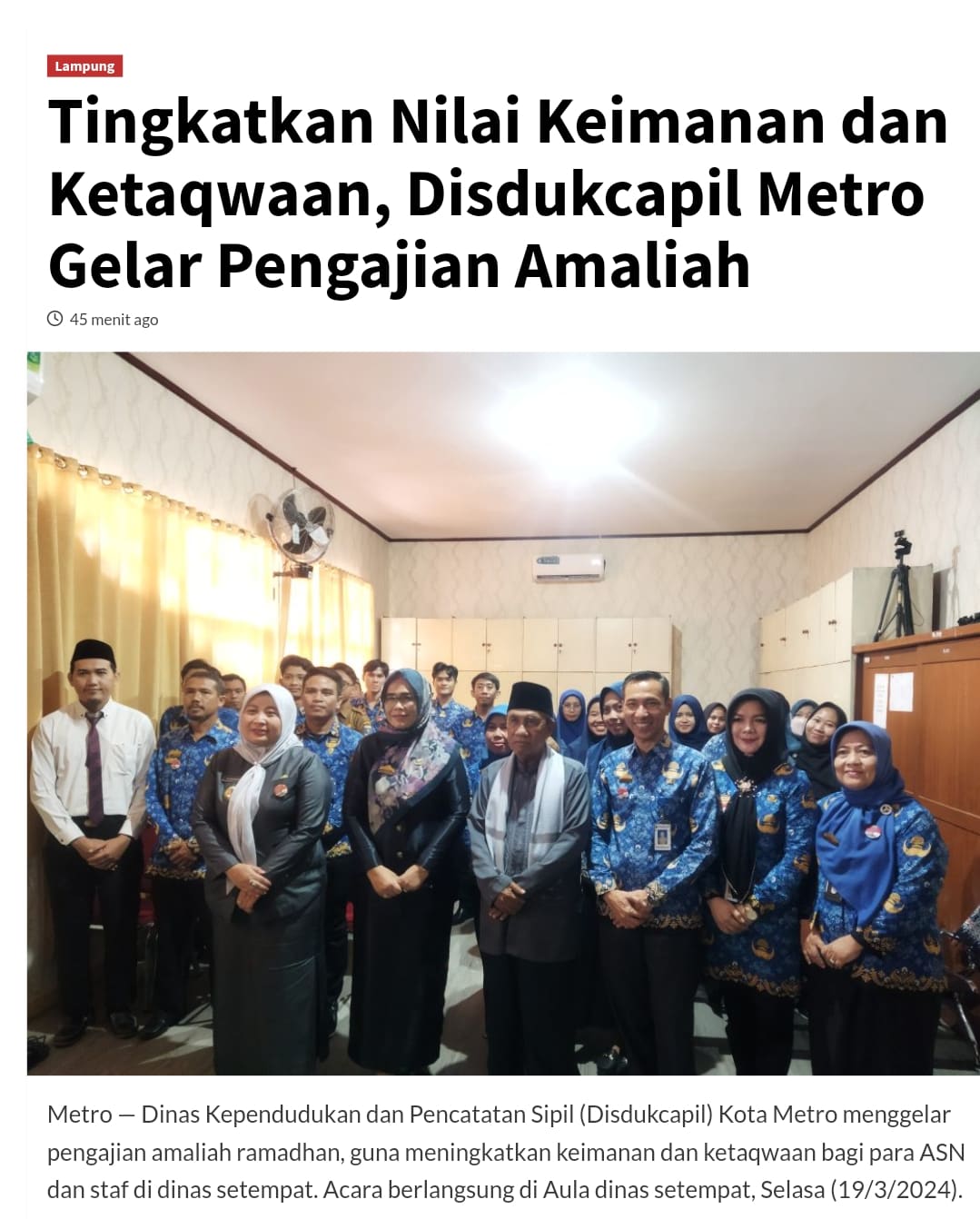 Tingkatkan Nilai Keimanan dan Ketaqwaan, Disdukcapil Metro Gelar Pengajian Amaliah

