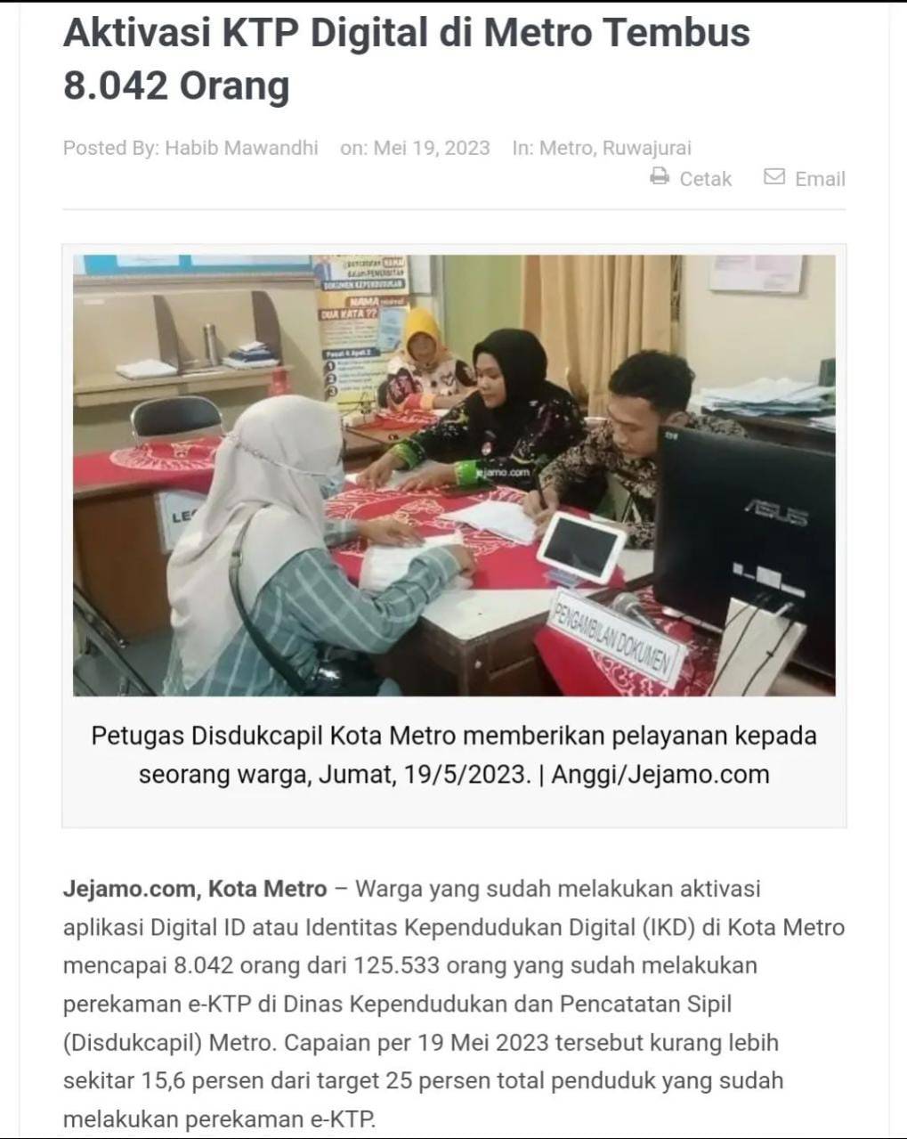 Aktivasi KTP Digital di Metro Tembus 8.042 orang