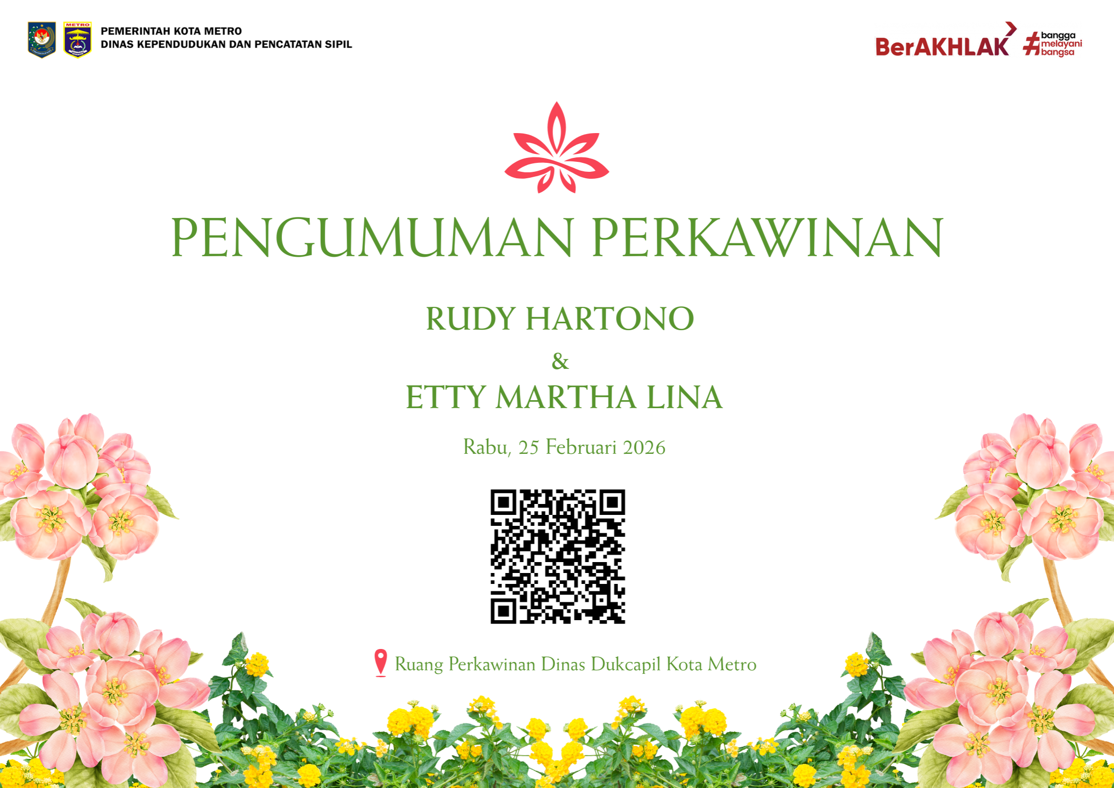 Pengumuman Pencatatan Perkawinan Rudy Hartono & Etty Martha Lina