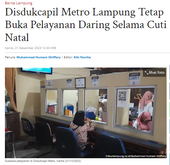 Disdukcapil Metro Lampung Tetap Buka Pelayanan Daring Selama Cuti Natal