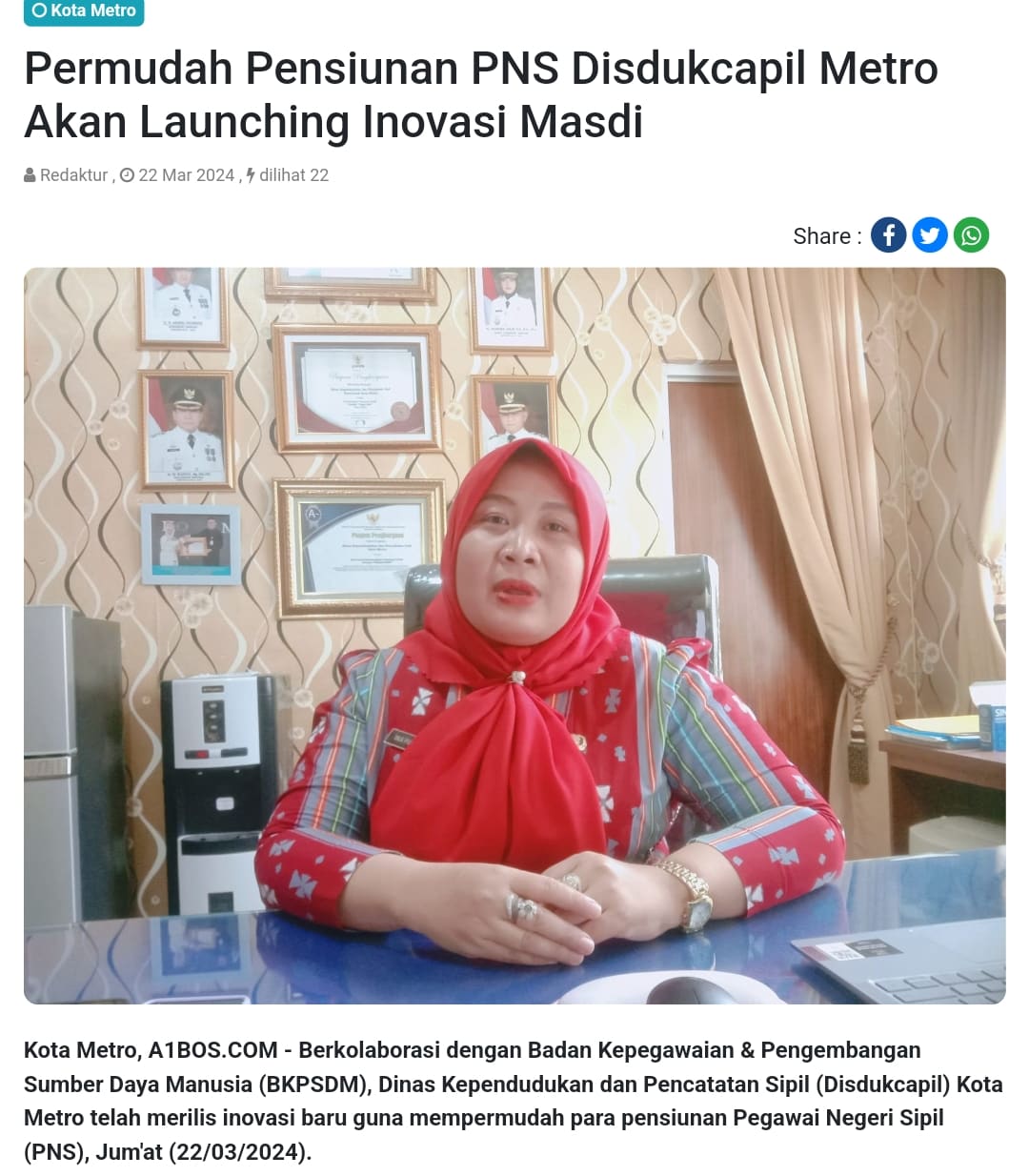 Permudah Pensiunan PNS Disdukcapil Metro Akan Launching Inovasi Masdi