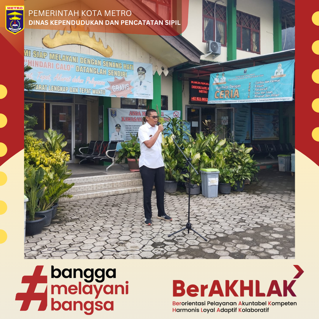 Pelaksanaan Apel Pagi Dipimpin Fungsional Analis Kebijakan Ahli Muda Disdukcapil Kota Metro