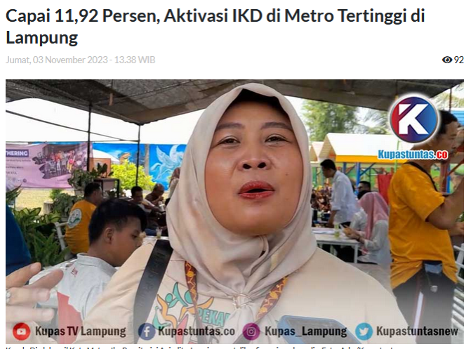Capai 11,92% , Aktivasi IKD di Metro Tertinggi di Lampung