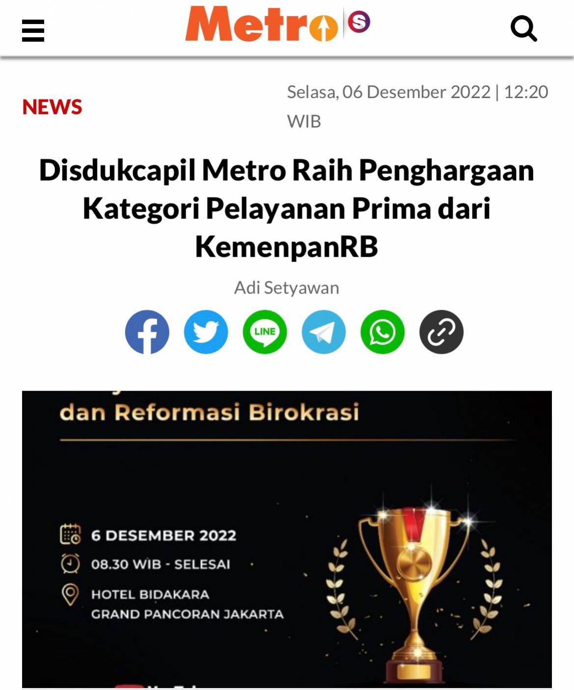 Dinas Kependudukan Dan Pencatatan Sipil Kota Metro Raih Penghargaan Kategori Pelayanan Prima dari KemenpanRB