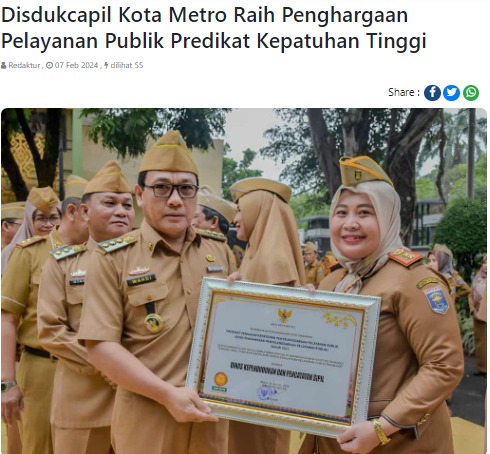 Disdukcapil Kota Metro Raih Penghargaan Pelayanan Publik Predikat Kepatuhan Tinggi
