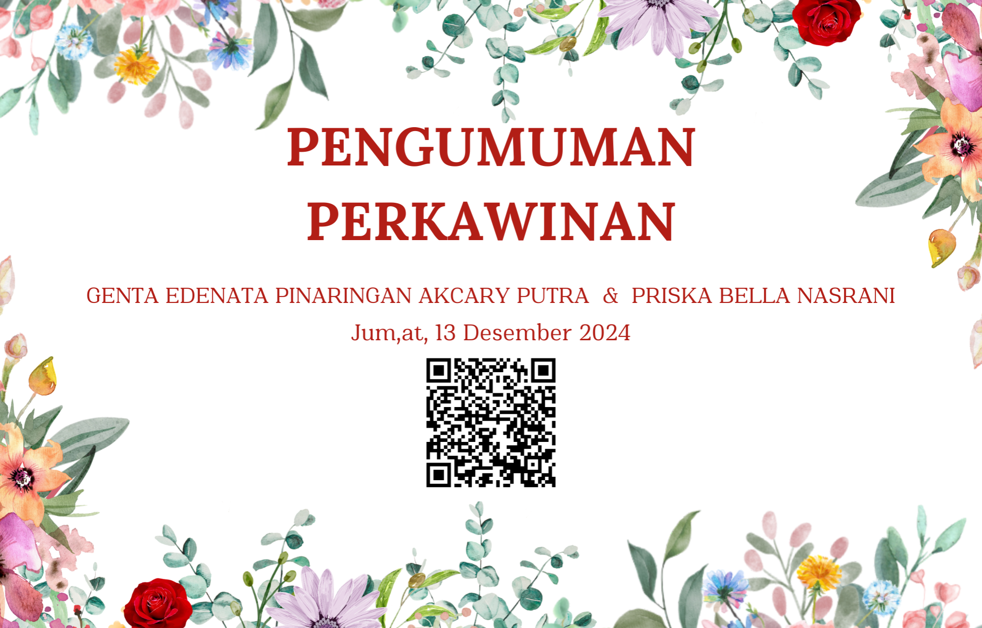 Pengumuman Pencatatan Perkawinan Genta Edenate Pinaringan Akcary Putra dan Priska Bella Nasrani