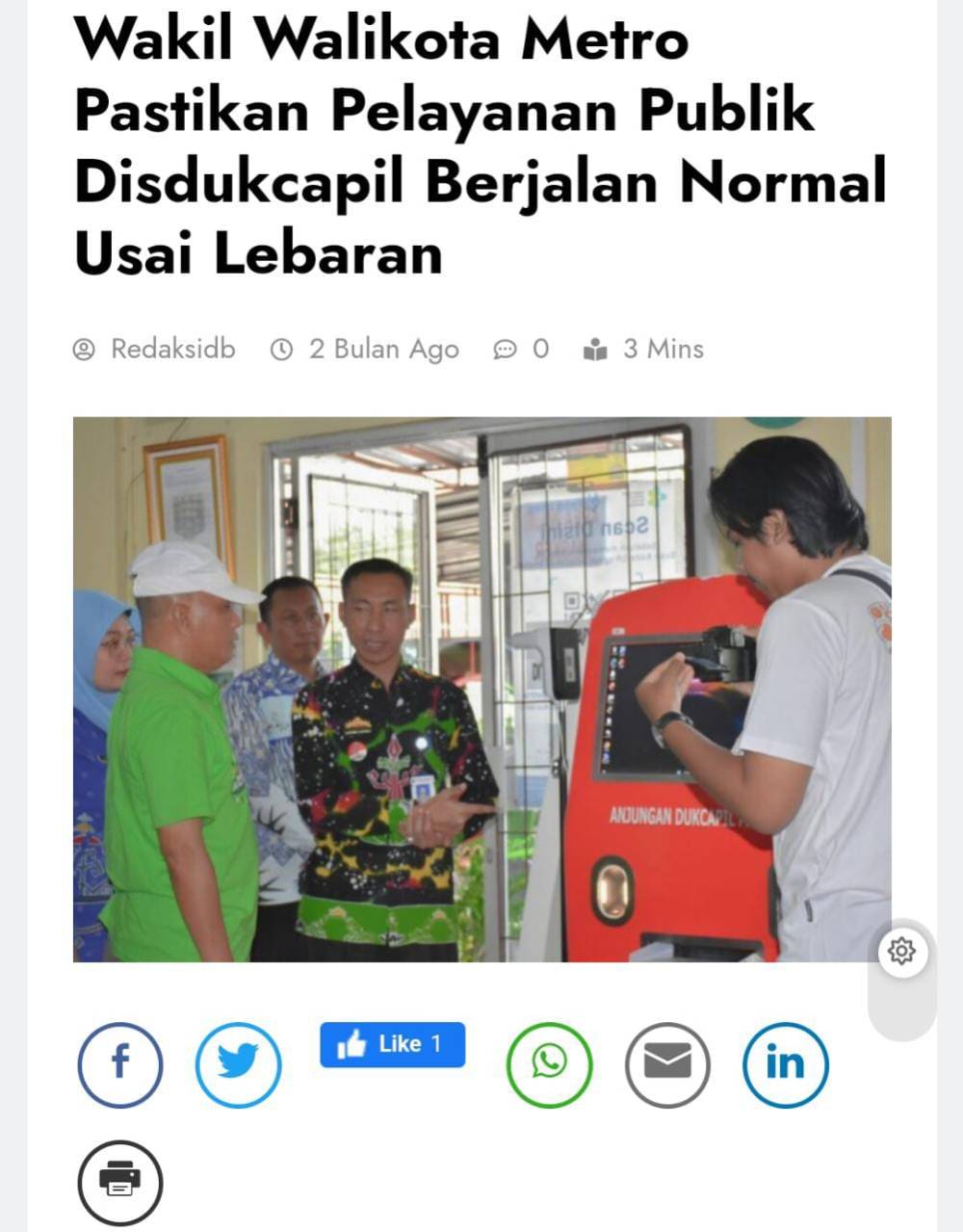 Wakil Walikota Metro memastikan pelayanan publik di Dinas Kependudukan dan Catatan Sipil Kota Metro berjalan normal usai Lebaran