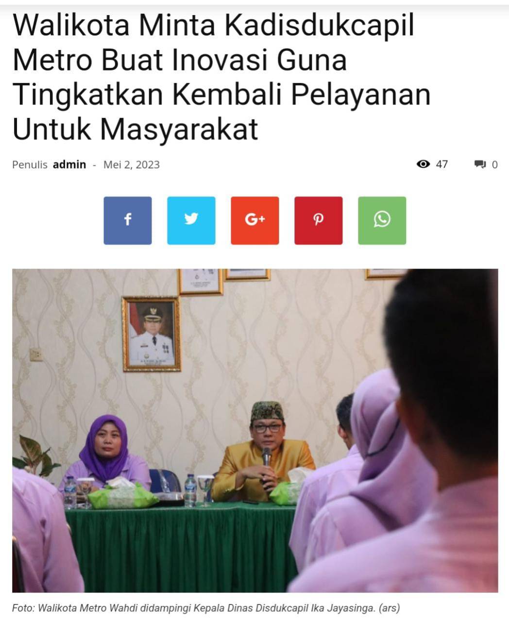 Walikota Metro Wahdi Siradjuddin meninjau dan memberikan arahan kepada seluruh pegawai di Dinas Kependudukan dan Catatan Sipil (Disdukcapil) Kota Metro