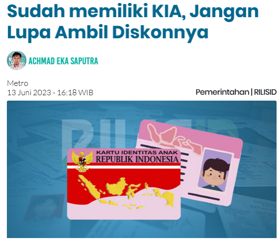 Kabar gembira, bagi masyarakat yang telah memiliki Kartu Identitas Anak (KIA) bisa mendapatkan promo hingga diskon menarik