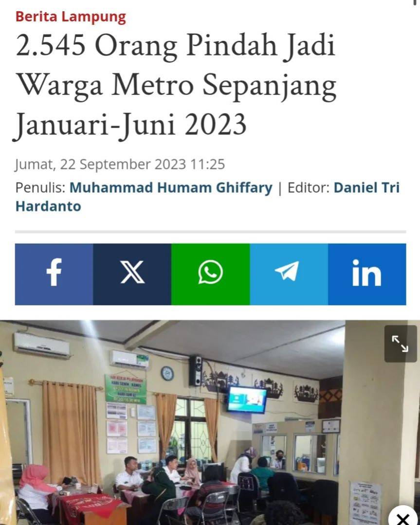 Sejak Januari hingga Juni 2023, sebanyak 2.545 orang pindah kependudukan menjadi warga Metro.